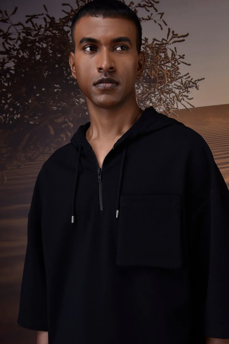 Genes Lecoanet Hemant Black Textured Poly Lycra Hoodie